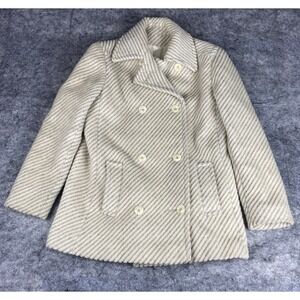 Vintage‎ 1960's Union Made Womens M Cream Gray Diagonal Striped Wool Button Coat
